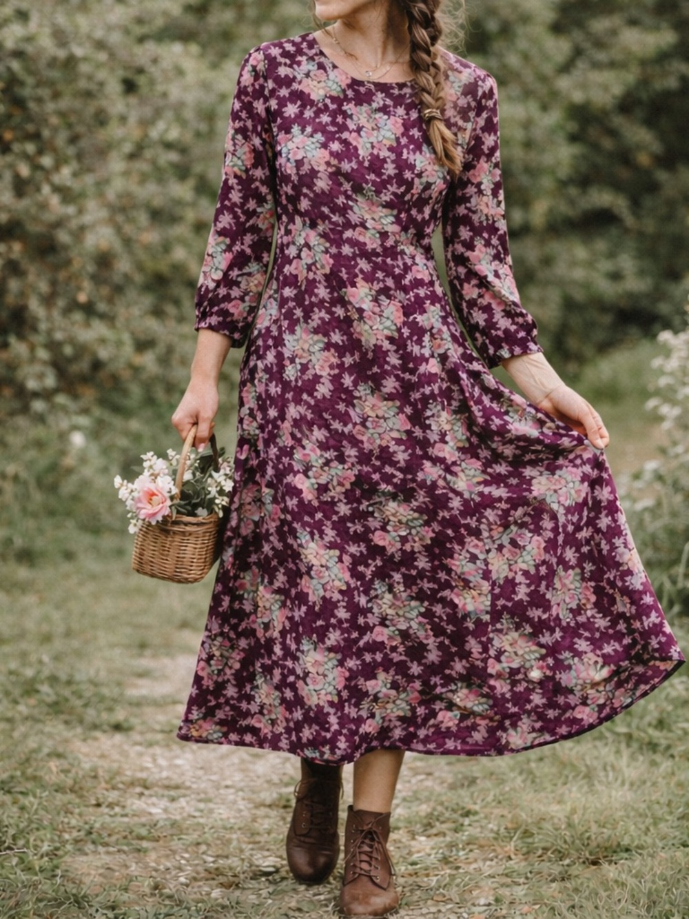 Floral Maxi Dress in Plum - Women's Long Sleeve Floral Midi